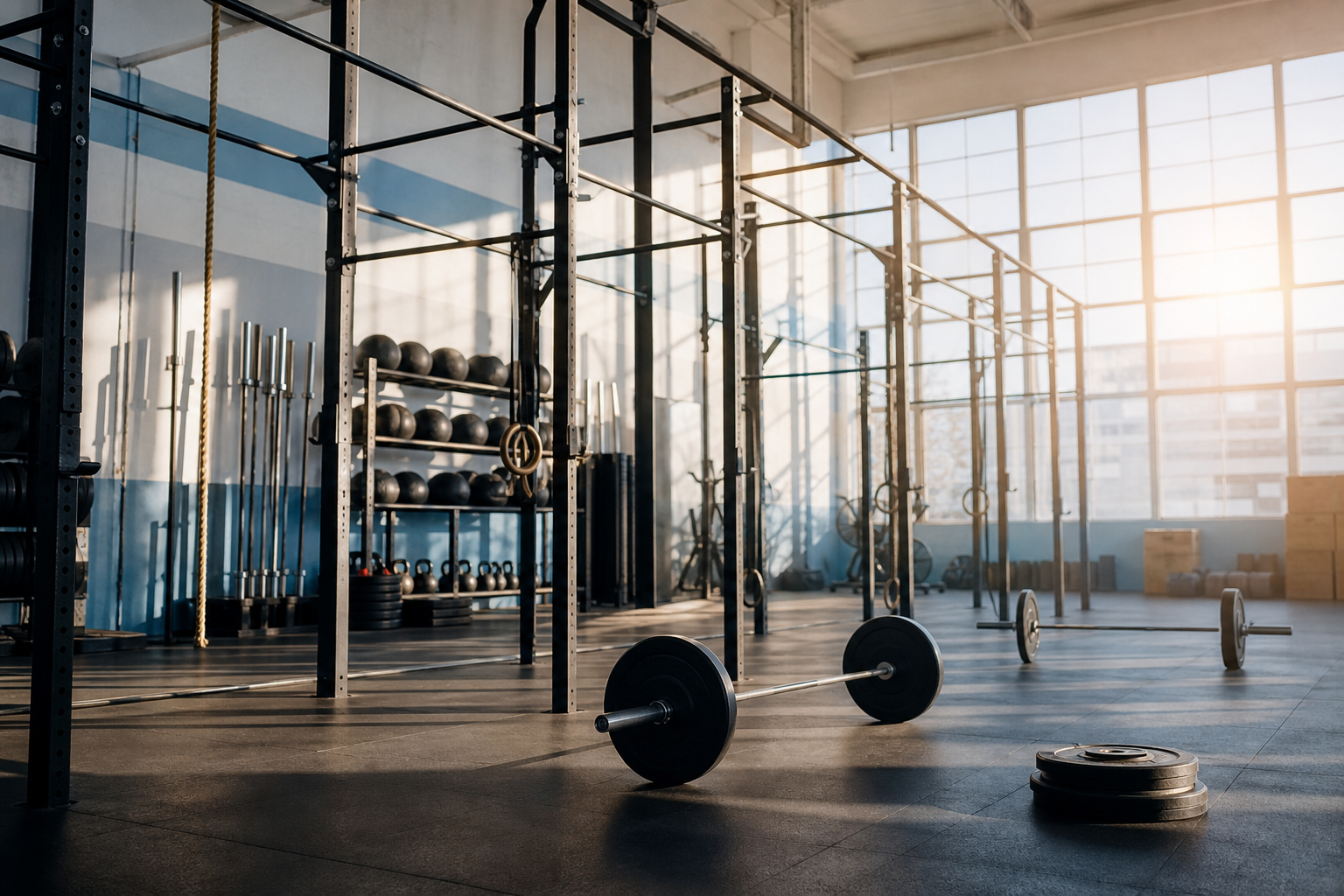 Interior de gimnasio de entrenamiento funcional con barras y discos