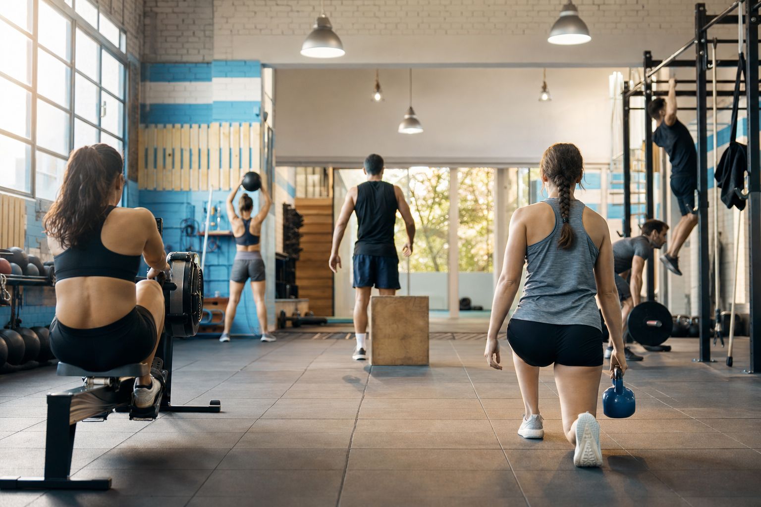 Atletas entrenando en grupo dentro de un gimnasio